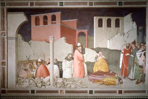 Avsnitt av nyårsafton: Påven Sankt Sylvester I (Silvester eller Silvestro) (314-335) stänger drakens mun (vänster) och återupplivar två magiterrasser genom drakens andetag (Påve Sylvester I vänder bort en drake och återupplivar dess offer) - Fre