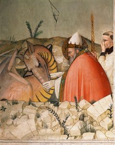 Avsnitt av livet på nyårsafton: Påven Sankt Sylvester I (Silvester eller Silvestro) (314-335) stänger drakens mun. Detalj. Fresk av Maso di Banco (känd omkring 1341-1346) 1300-talet Florens, Chiesa di Santa Croce, Cappella Bardi