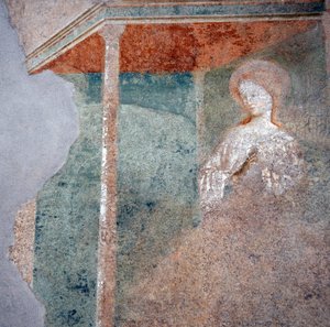 Freskomålning av Masolino da Panicale i baptisteriet i Castiglione, detalj av Bebådelsen (2)