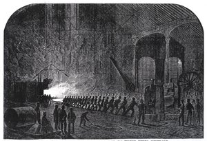 Processen att rulla pansarplåtar för Hennes Majestäts fartyg vid Alas Steelworks, Sheffield, illustration från 