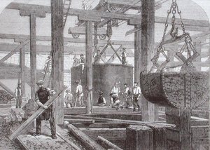 Vy över byggnadsarbete som äger rum vid Blackfriars Bridge för London, Chatham och Dover Railway som visar sänkningen av en cylinder för en av de cirkulära stenpirerna