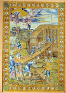 Konstruktionen av Noes ark. Vänster panel av triptyken som representerar 3 episoder av syndafloden. Keramik av Masseot Abaquesne (känd omkring 1526-före 1564)