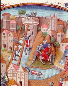 Erövring av en befäst stad Detalj. Miniatyr hämtad från "" Fallen av olyckliga ädla män och kvinnor"" (De casibus) av Giovanni Boccaccio sa Jean Boccace (1313-1375), italiensk författare, översatt av Laurent de Premierfait och upplyst av masten