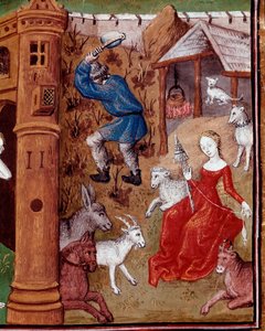 Representation av Adam som plockar jorden och Eva spinner ullen efter att ha blivit jagad från det jordiska paradiset. Miniatyr hämtad från "" Des cas des nobles hommes et femmes infortunes"" (De casibus) av Giovanni Boccaccio dit Jean Boccace (1313-1375),