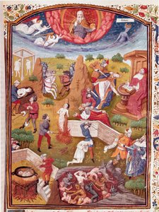 Vision of Boccace: scen för tortyr, hängning, massaker Miniatyr tagen från "" The unfortunate cases of noble men and women"" (De casibus) av Giovanni Boccaccio dit Jean Boccace (1313-1375), italiensk författare, översatt av Laurent de Premierfait och enlum