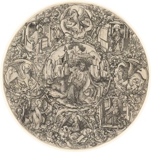 Johannes döparen i öknen med Guds lamm, omgiven av symbolerna för evangelisterna och kyrkans fyra fäder