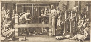 Penelope och hennes pigor väver av Master FG, after Francesco Primaticcio