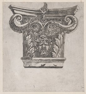 Mirror of Roman Magnificence: Kapital med peapod-rullar och satyrhuvud, ca. 1537., ca. 1537