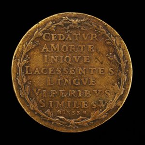 Inskription i en lagerkrans [omvänd], 1555. av Master I.A.V.F.