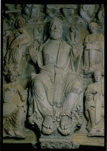Detalj av Portico de la Gloria föreställande Kristus i majestät sten