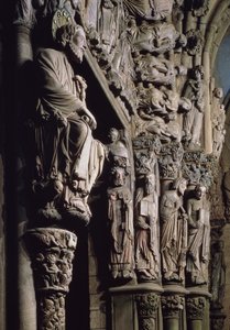 Detalj av Portico de la Gloria föreställande St James, sten från 1100-talet