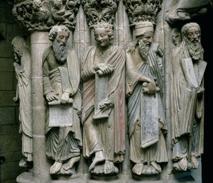 Detalj av Portico de la Gloria med Gamla testamentets profetsten