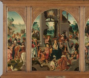 Triptyk med Adoration of the Magi (mitten och inre vingar), Saint Antony Abbot (vänster, yttre vinge) och Saint Adrian (höger, yttre vinge) av Master of Alkmaar (attributed to)