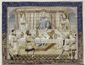 Caesar Augustus, hans hustru och son vid bordet Från: Jean Hayton, Flower of the storys from the land of the Orient, c.1410 av Master of Berry Apocalypse