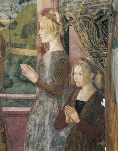Italien, regionen Piemonte, provinsen Alessandria, Serralunga di Crea, Sacro Monte di Crea, Santa Maria Assunta-helgedomen, Sankt Margareta av Antiochias kapell, fresker föreställande Paleologo och Bernarda di Bosse