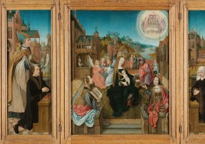 Triptyk med Jungfru och barn med heliga (mitten), manlig donator med Saint Martin (vänster, innervinge), kvinnlig donator med Saint Cunera (höger, innervinge) och bebådelsen (yttre vingar)