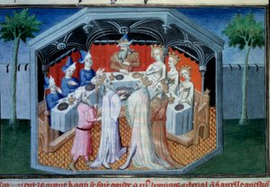 Bröderna Nicolo och Matteo Polo, far och farbror till den unge Marco Polo (1254-1324) togs emot i hovet hos Qubilai (Kubilai Khan, förste kejsare av den mongoliska Yuan-dynastin (1215-1294), mongolisk kejsare 1271). Miniatyr hämtad från "" The