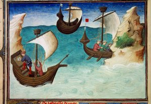 Navigatörer i Indiska oceanen orienterade med stjärnor och astrolabium. Miniatyr i "" The Book of Wonders of the World", Ms. 2810, folio 188v belyst av Mästaren av Egerton, skriven John (Jehan) de Mandeville (1300? 1382). Omkring 1410-1412. BN, Paris