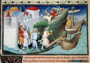 Den store khanen mot japanerna eller "Hur männen från den store khanen som omringade ön tog sina fienders stad." Miniatyr hämtad från "" The Book of Wonders """ av Marco Polo (1254-1324). Upplyst av Master of Egerton