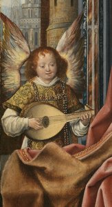 Triptyk av den heliga familjen med musik som gör änglar. Detalj: Ängeln, ca 1510-1520