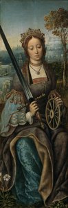 Triptyk av den heliga familjen med musik som gör änglar. Vänster panel: Saint Catherine, ca 1510-1520 av Master of Frankfurt