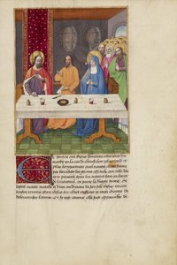 Judas sittande vid ett bord mellan Kristus och jungfrun