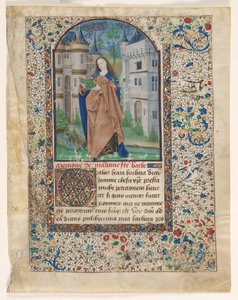 Blad från en timbok: St. Barbara 2 av 2 utskurna löv, ca. 1465. av Master of Jacques de Luxembourg