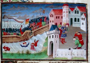 Stridsscen och halshuggning. Illustration av romanen "The Decameron"" av Giovanni Boccaccio (Jean Boccace av Master of Jean Mansel