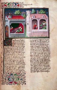 Galant scen: två par som pratar. Sida av ett manuskript på franska av "Decameron"" av Giovanni Boccaccio dit Jean Boccace (1313-1375), italiensk författare, upplyst av Mästaren av Mansel. 1450. Paris, Arsenals bibliotek av Master of Jean Mansel