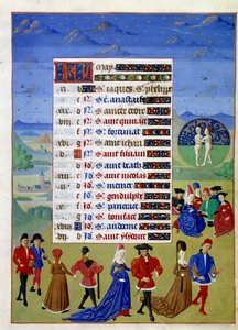 Maj: hovmännen gå. Upplyst manuskriptsida hämtad från "" Time Book of Hours of the Duchess of Burgundy, Adelaide of Savoy" av Mästaren av Adelaide av Savoyen (1400-talet) och Jean Rolins Mästare (1400-talet) av Master of Jean Rolin II