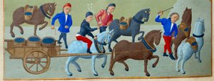 Druvskörden och transporten Detalj av en upplyst manuskriptsida hämtad från "" Time Book of the Duchess of Burgundy, Adelaide of Savoy" av Mästaren av Adelaide av Savoyen (1400-talet) och Jean Rolins Mästare (1400-talet) av Master of Jean Rolin II