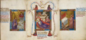 Tre scener som skildrar "Födelsekyrkan", "Moses och den brinnande busken" och "Arons stavs knoppning", illustration från "Biblia Pauperum" av Master of Margaret of Cleves