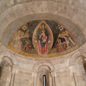 Jungfrun och barnet i majestät och tillbedjan av männen, ca. 1100. av Master of Pedret
