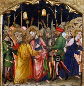 Judas kyss, av Mästaren av Rubio (1300-talet), predella av altartavlan från kyrkan Santa Maria, Rubio, målning på trä.