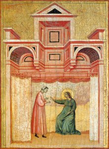 Cecilia övertalar sin man Valeriana till dop, detalj från altartavlan föreställande legenden om helgonet Cecilia, cirka 1304, av Mästaren av Saint Cecilia (aktiv tidigt 1300-tal), tempera på panel och bladguld stämplat, 85x181 cm