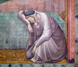 Berättelser om St Francis, detalj av uppenbarelsen för Gregorius IX, fresk av Mästaren av Saint Cecilia (1200-1300-talet), Övre kyrkan, påvliga basilikan St Francis av Assisi (UNESCO:s världsarvslista, 2000), Assisi, Umbrien, Italien