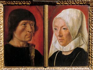 Porträtt av en man och hans fru. Representation av ett par (dubbelporträtt). Målning av mästaren De Saint Gilles (aktiv mellan 1490-1510), fransk skola av Master of Saint Giles