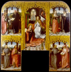 Bebådelsen med den helige Lazarus och Antony Abbot, Katarina av Alexandria och Chiara, Anthony av Padua och Johannes Döparen, Francis och Jerome av Master of Saint John the Evanglist