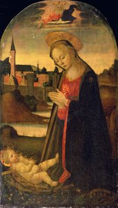 The Madonna Adoring the Child, A Town on a River beyond, c.1478 (olja på panel) av Master of San Miniato