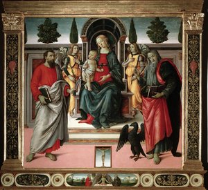 Jungfru med barn med St John och St Bartholomew Målning av mästaren i Santo Spirito (1400-talet) Florens, Santo Spiritos kyrka, Italien av Master of Santo Spirito
