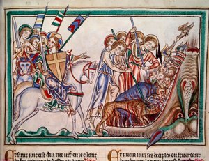 Herren och Hans Armee (ost) fäller ut Bete och hans tillbedjare i helvetet. Minatyr ur manuskriptet "" Apocalypse historiee"", Folio 38. 1250. Illumination of the Master of Sarum. Paris, NL av Master of Sarum