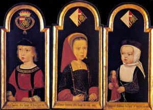 Ärkehertig Karl, den senare helige romerske kejsaren Karl V., med sina systrar Eleanor och Isabella vid en ålder av 2 år, 1502 av Master of St.Georgsgilde