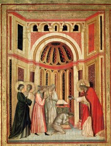 Den heliga Cecilia och hennes livs berättelse Detalj: Biskop Urban döper Tiburtius, bror till Valerianus - altartavla, ca 1290-1320