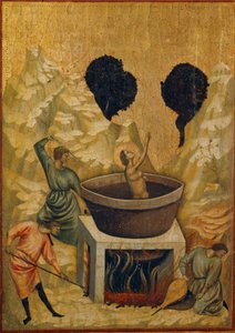 St. Ceciles martyrskap, störtade i ett bad med kokande vatten (tempera på trä, sent 1200-tidigt 1300-tal)