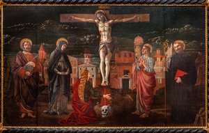 Korsfäste Kristus bland Peter, Jungfrun, Maria Magdalena, aposteln Johannes och Benedictus av Master of St. Peter in Vicenza