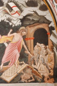 "Resurrection" och "Descent into Limbo", Detalj av "Descent into Limbo": Jesus tar Adams hand. Vid Kristi fötter, helvetets portar och djävulens gestalt på marken, ca 1420 (fresk)