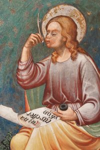 "St Matthew the Evangelist" skriver "När Jesus föddes", c.1420 (fresk) Detalj, c.1420 (fresk)
