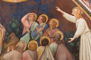 "The Ascension of Christ", Detalj med mansfigurer och helgon, c.1420 (fresk)