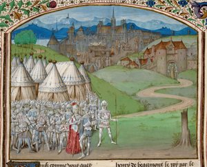 Royal 15 E. IV f.316v Drottning Isabella och hennes armé med inkvarteringen av Hugh le Despensers kropp i bakgrunden, illustration från 