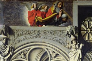 Gud Fader i himlen sender sin søn ud til jomfru Maria, ca. 1445 (detaljer fra 26541) swed